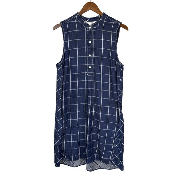 Sophie Max Dark Chambray Windowpane Check Popover Sleeveless Shift Dress Pockets - Picture 8 of 12